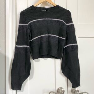 Hers & Mine cropped long sleeve black sweater silver stripes NWT size small
